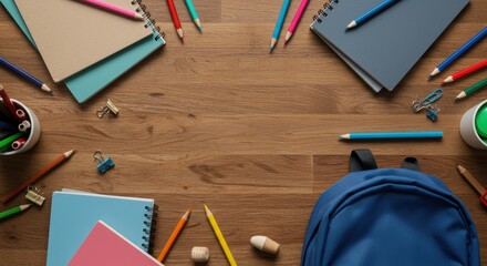 Blue school backpack and essential school supplies including notebooks, pencils, eraser, and sharpener laid out on a wooden desk, symbolizing readiness.
