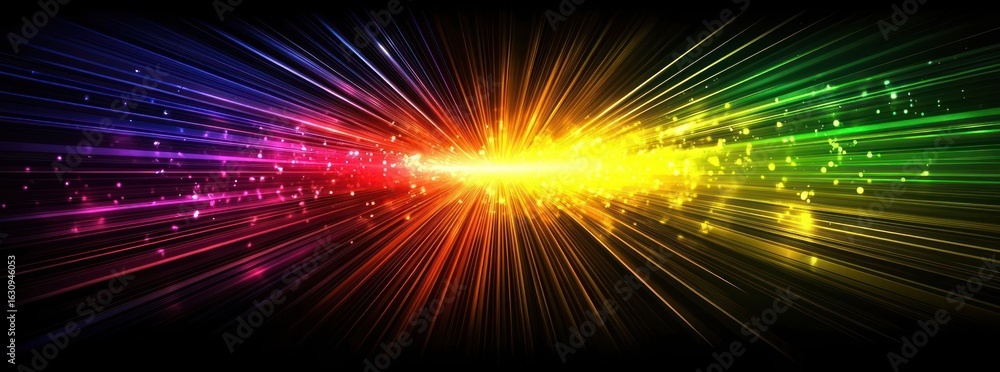 Poster abstract burst of colorful light against black background displaying a rainbow spectrum with glowing
