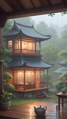 Serene Japanese Tea House in Gentle Rain.