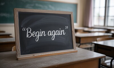 Begin Again Motivational Chalkboard Message in Classroom Setting