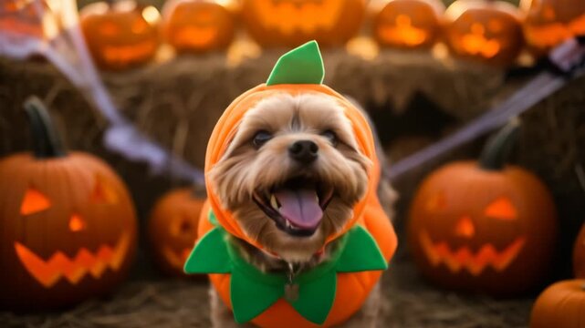 Cute dog in pumpkin costume amongst jack o lanterns halloween pet photography