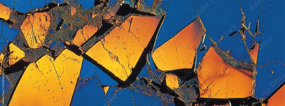 Aufkleber abstract composition featuring fragmented geometric shapes in orange and blue colors creating a text