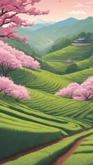 Serene Japanese Tea Plantation with Cherry Blossoms.