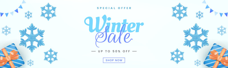 Winter Sale Promo Banner Featuring Snowflakes and Gift Boxes with Discount Details