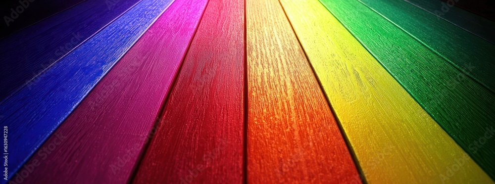 Poster abstract composition of colorful rainbow hues in diagonal stripes with reflective surface and light 