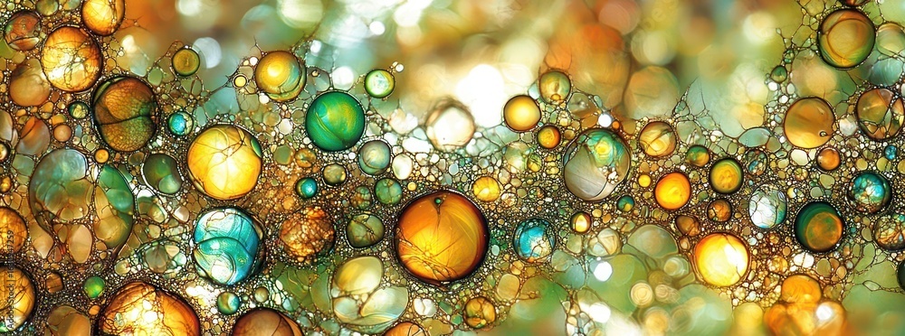 Poster abstract composition of colorful spheres and bubbles with varying sizes and overlapping effects in a