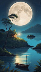 Serene Lakeside Cabin Under a Giant Full Moon.