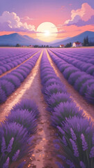 Serene Lavender Field at Sunset with Rolling Hills.