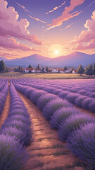 Serene Lavender Field at Sunset with Village and Mountains.