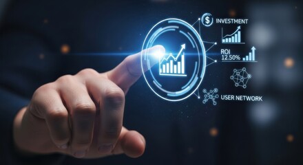 Human Finger Interacting with Futuristic Digital Interface Displaying Investment Growth and User Network Data