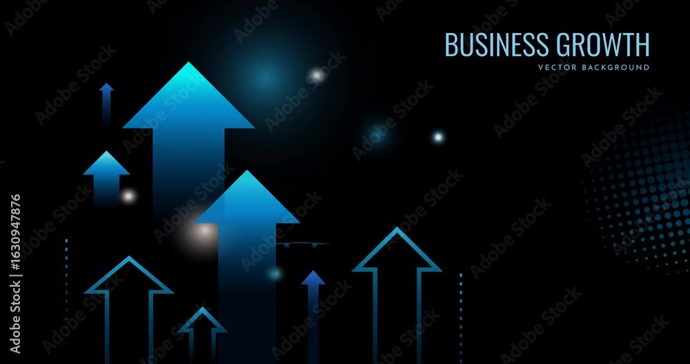 Poster Business Growth Concept. Moving gradient backdrop with iridescent upward arrows as symbol of economic development and profits. Futuristic background. Neon Flat Animated Graphics with alpha channel