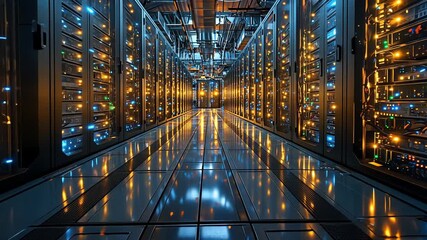 Long corridor in server room with endless server racks for digital network cloud computing IT infrastructure data storage futuristic technology environment security concept - Powered by Adobe