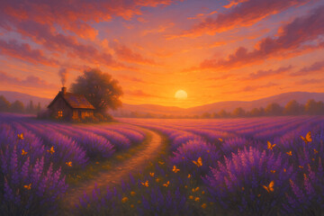 Serene Lavender Field with Cozy Cabin at Sunset.
