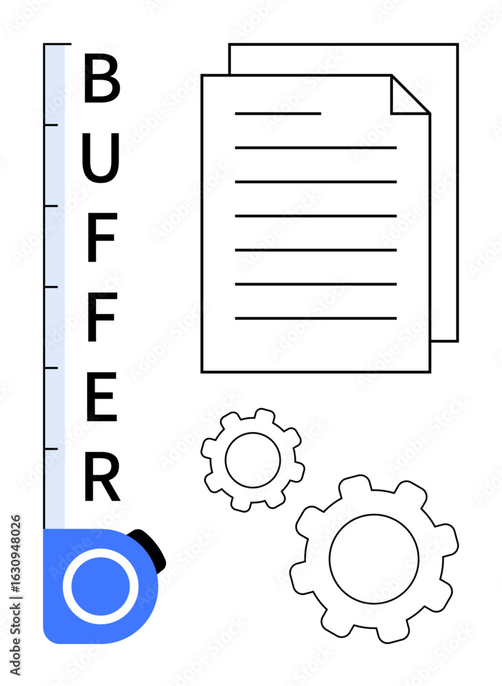 Poster measuring tape labeled buffer, documents with text, and two gears symbolize planning, efficiency, pr