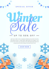 Poster Winter Sale Promotional Banner Featuring Snowflakes and Gift Boxes