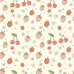 Cute Seamless Pattern of Hand-Drawn Strawberries, Cherries, and Flowers - Vector Background for Sweet, Kawaii, and Summer-themed Designs.