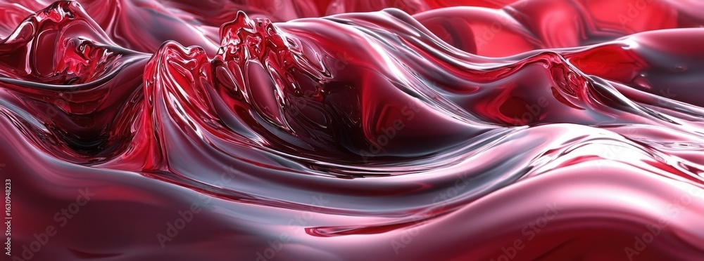 Poster abstract crimson red wavy surface with reflective glossy texture in dynamic flow illustrating energy