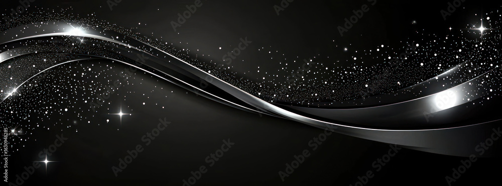 Poster abstract dark background with black wavy ribbons and sparkling glittering particles creating dynamic