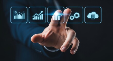 Businessman's hand interacts with glowing digital interface displaying financial charts and cloud technology icons.
