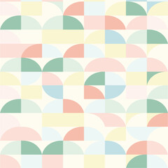 Mid-Century Modern Seamless Pattern of Geometric Circles and Squares - Vector Background in Pastel Colors for Retro and Abstract Designs.