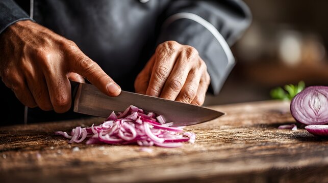 Close-up of chefs hands finely chopping red onions