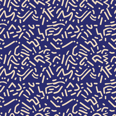 Retro 80s Seamless Memphis Pattern - Vector Background with Abstract Squiggles and Geometric Shapes in Blue and Beige for Vintage and Fun Designs.
