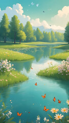 Serene Meadow River with Butterflies and Flowers.