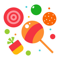 Colorful candies and sweets scattered on a white background