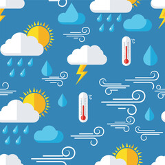 Seamless Pattern of Flat Weather Icons on a Blue Sky - Vector Background with Sun, Clouds, Rain, Wind, Thermometer, and Lightning for Forecast and Kids' Designs.