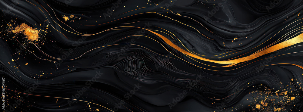 Poster abstract dark black background with golden lines and glittering particles flowing creating a luxurio