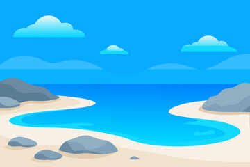 Stylized beach and ocean landscape with clouds