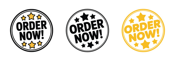 Set of 3 Order Now Button Icons - Vector Badges with Stars in Black and Yellow for E-commerce, Call to Action, and Online Shopping.