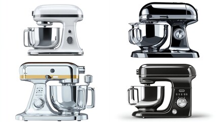 Culinary appliance display. Four standalone mixers; white, black, chrome, and gold/chrome models shown