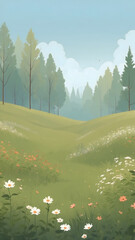 Serene Meadow with Wildflowers and Distant Forest.