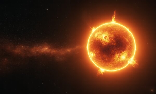 Closeup view of a fiery star in space cosmic background with nebula and stars