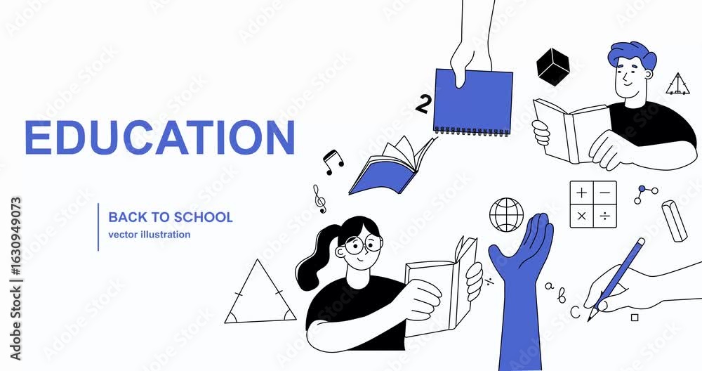 Poster back to school. moving banner or landing page with university students reading books and preparing f