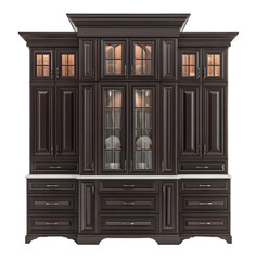 Dark brown kitchen cabinet set with glass display sections.