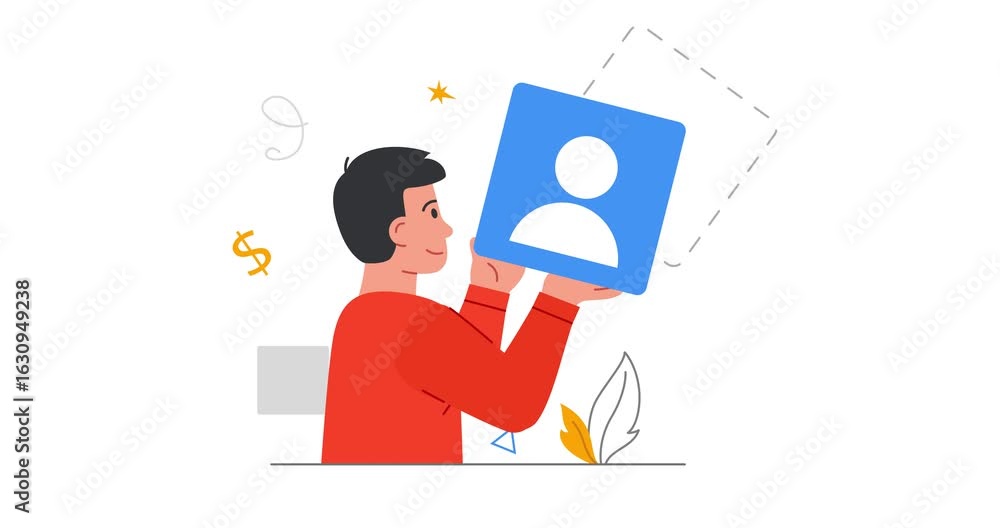 Poster web designer. moving banner with creative male designer creating layout of landing page or applicati