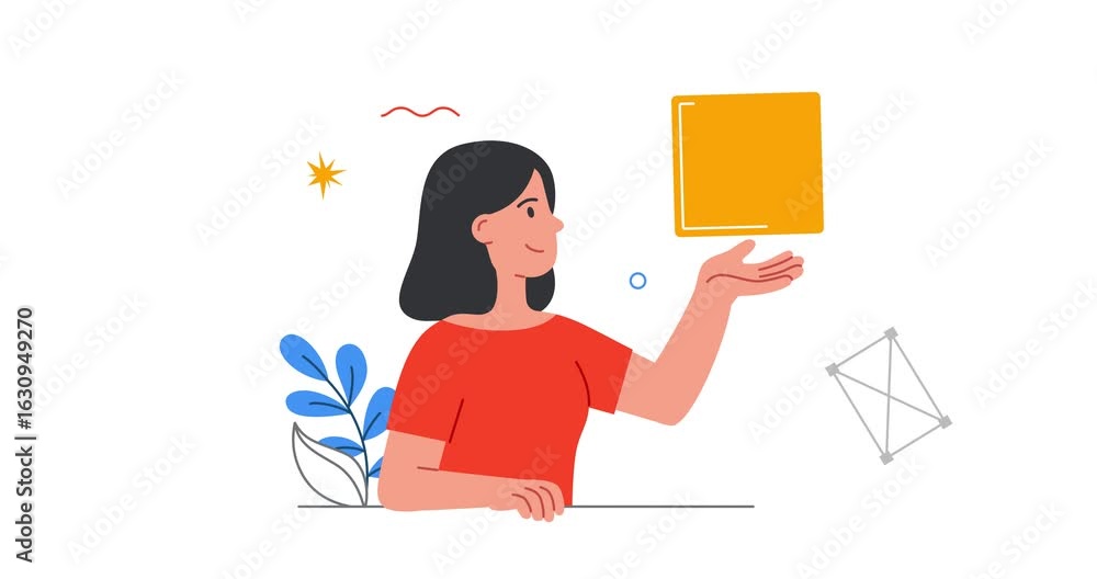 Poster web designer. moving banner with creative female designer creating digital product user interface or
