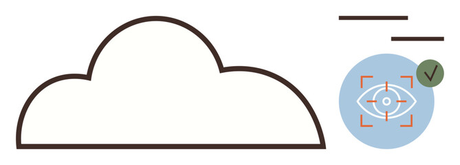 Cloud outline paired with an eye in a target icon and a checkmark emphasizes security and data verification. Ideal for AI, safety, cloud tech, cybersecurity, privacy, data storage, simple flat