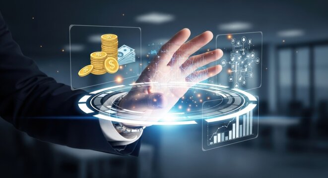 Businessman's Hand Interacting with Futuristic Financial Data and Currency Holograms