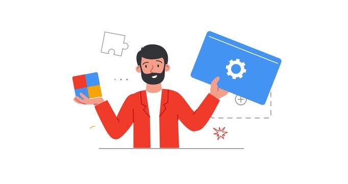 Web designer. Moving banner with male designer presenting new website project or landing page layout with user friendly interface. Wireframe development. UX and UI. Flat graphic animated cartoon