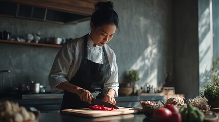 Chefs focused expression while slicing vegetables