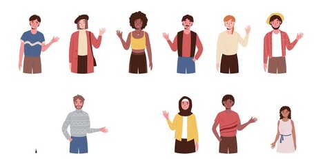 Set of greeting people. Moving multiracial diverse men and women waving their hands to greet friends. Group of multicultural characters show hand gestures. Flat graphic animated cartoon