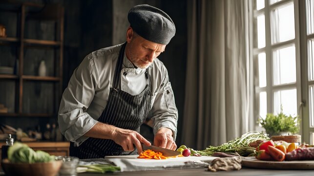 Chefs focused expression while slicing vegetable