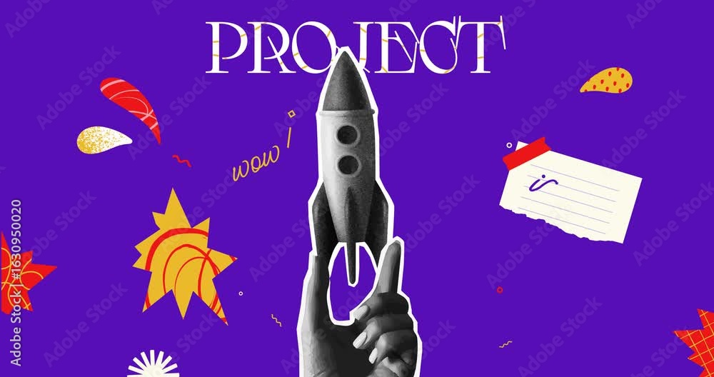 Poster startup launch concept. moving retro poster in halftone style with hand holding rocket. creative ide