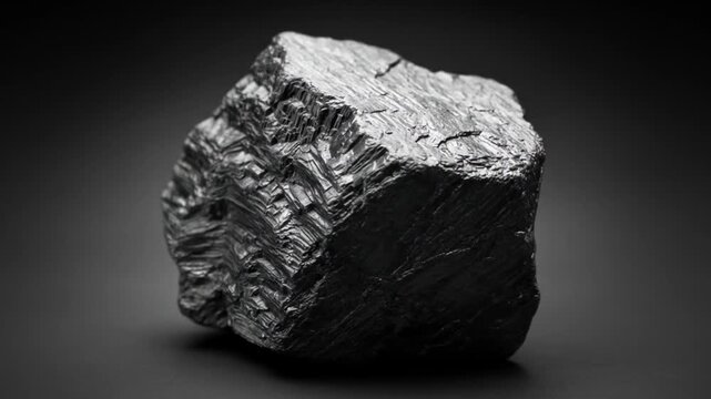 Raw Graphite Chunk Rotating: Close-Up of Crystalline Structure and Metallic Sheen