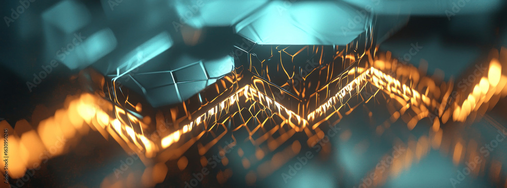 Poster abstract digital design featuring geometric patterns and illumination with orange and teal color ton