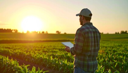Farmer with Tablet Inspecting Crops at Sunset: Labor Day Tribute to Agriculture Industry