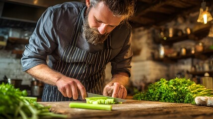 Chef in apron and focused on cutting celery sticks